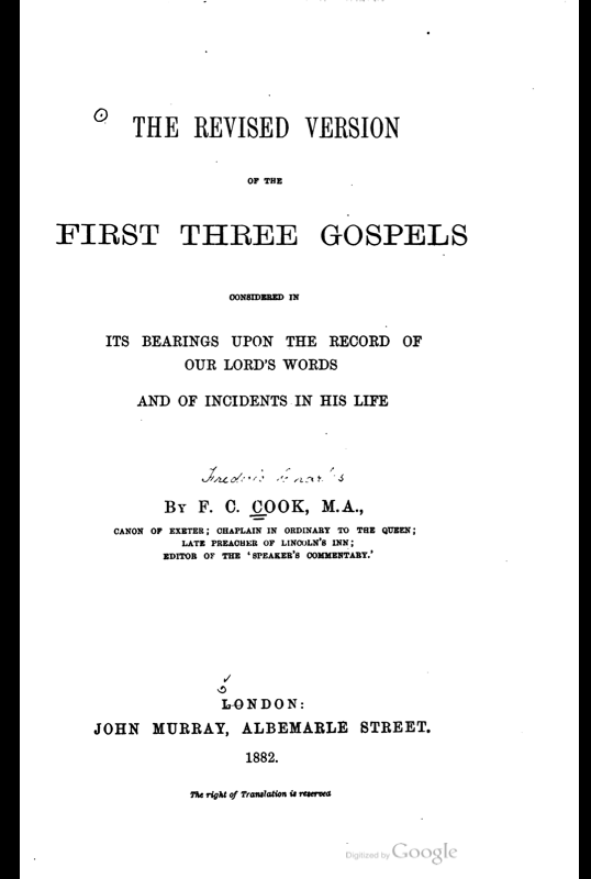 Book Cover: Revised Version of the 1st 3 Gospels Considered
